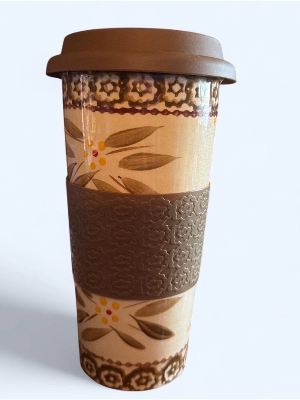 Travel Mug with Brown Floral Design and Silicone Grip